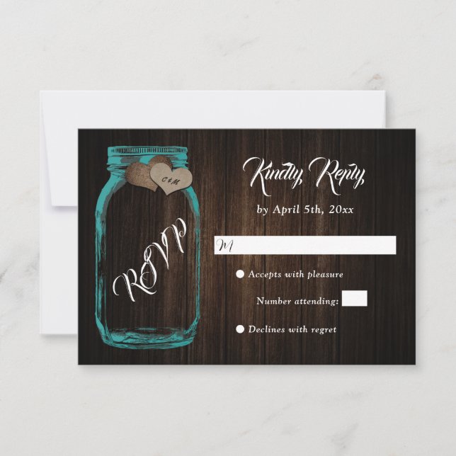 Cartão RSVP Rustic Teal Country Wood Heart Mason Jar Wedding (Frente)
