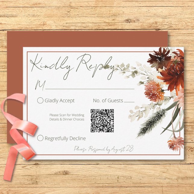 Cartão RSVP Rustic Terracotta Rust Flowers Casamento Código QR (Rustic Terracotta Rust Flowers Wedding QR Code RSVP Card)