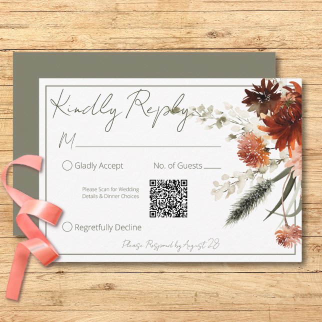 Cartão RSVP Rustic Terracotta Rust Flowers Green QR Code (Rustic Terracotta Rust Flowers Green QR Code RSVP Card)
