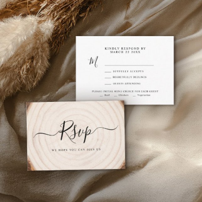 Cartão RSVP Rustic Tree Ring Wood Grain Wedding (Criador carregado)