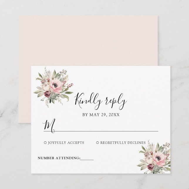 Cartão RSVP rustic watercolor floral bouquet (Frente/Verso)