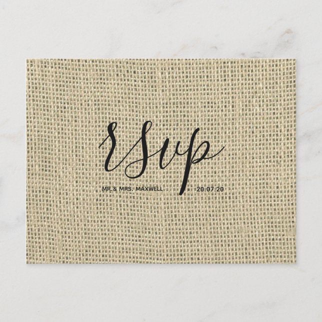 Cartão Rsvp Rustic Wedding | Script Burlap Hessian (Frente)