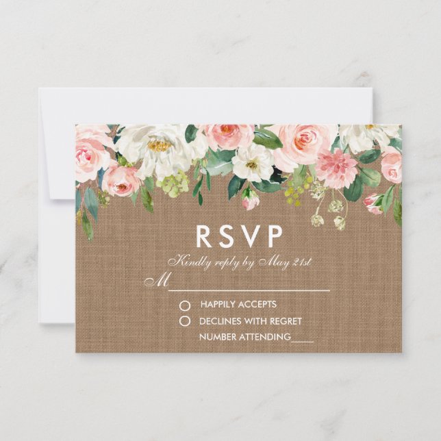 Cartão RSVP Rustic Weds Burlap White Floral Rosa (Frente)