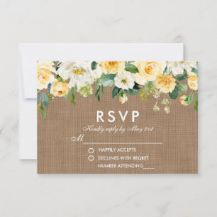 Cartão RSVP Rustic Weds Burlap Yellow White Floral