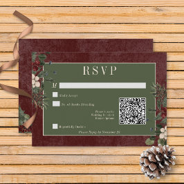 Cartão RSVP Rustic Winter Berries & Pine Burgundy Código QR