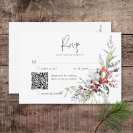 Cartão RSVP Rustic Winter Holly Berries & Snow Weding Código Q