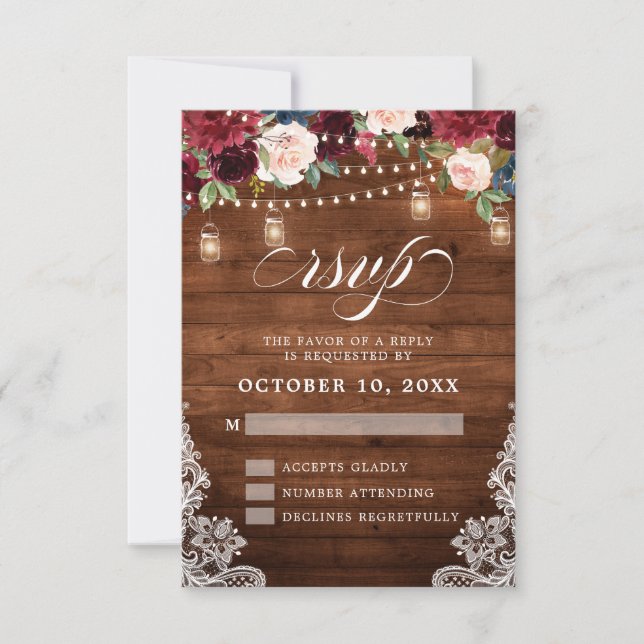 Cartão RSVP Rustic Wood Burgundy Floral Mason Jar Wedding (Frente)
