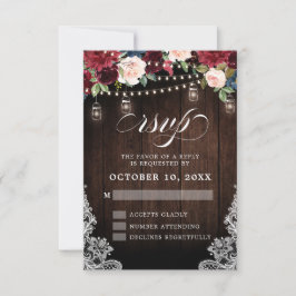 Cartão RSVP Rustic Wood Burgundy Floral Mason Jar Wedding