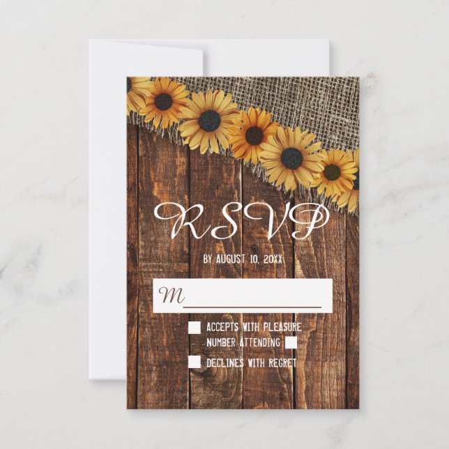 Cartão RSVP Rustic Wood Burlap Sunflower Country Casamento RSV (Frente)
