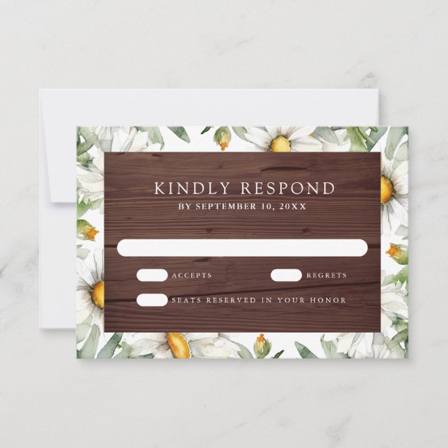 Cartão RSVP Rustic Wood Daisies Floral Wedding (Frente)