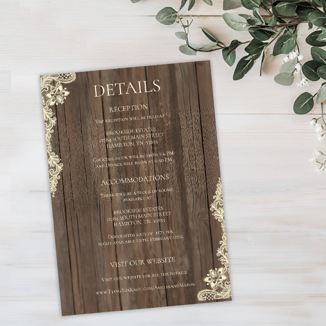 Cartão RSVP Rustic Wood Lace Wedding Details Enclosure Card (Rustic Wood Lace Wedding Details Enclosure Card)