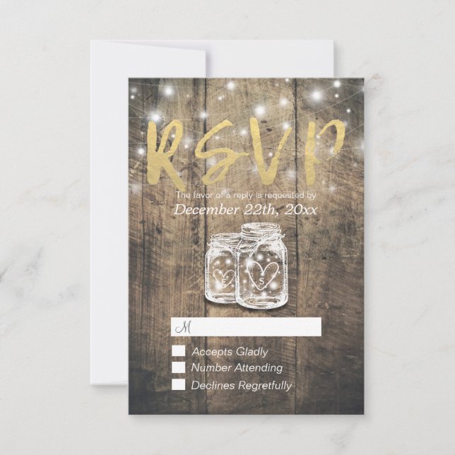 Cartão RSVP Rustic Wood & Mason Jar String Luzes Casamento RSV (Frente)