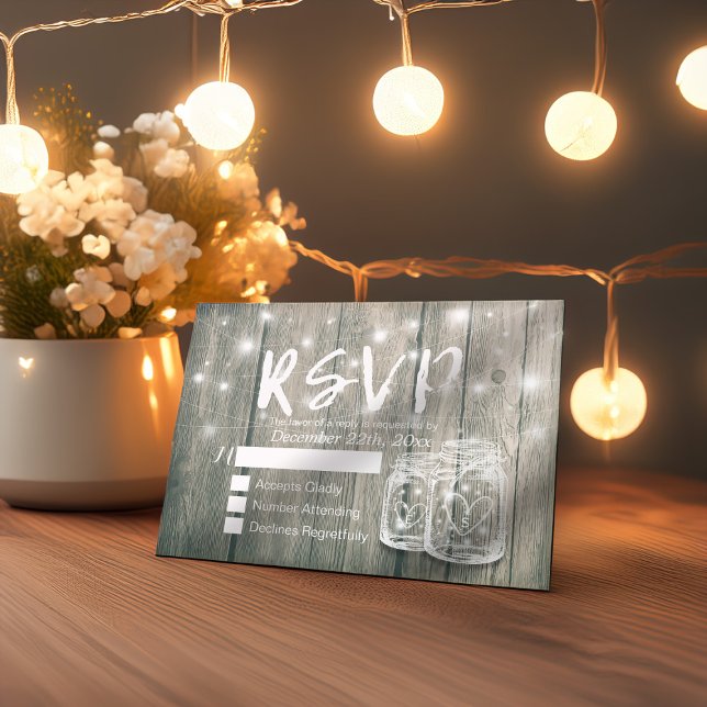 Cartão RSVP Rustic Wood & Mason Jar String Luzes Casamento RSV (Criador carregado)