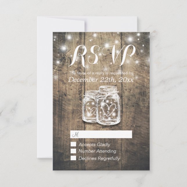 Cartão RSVP Rustic Wood & Mason Jar String Luzes Casamento RSV (Frente)