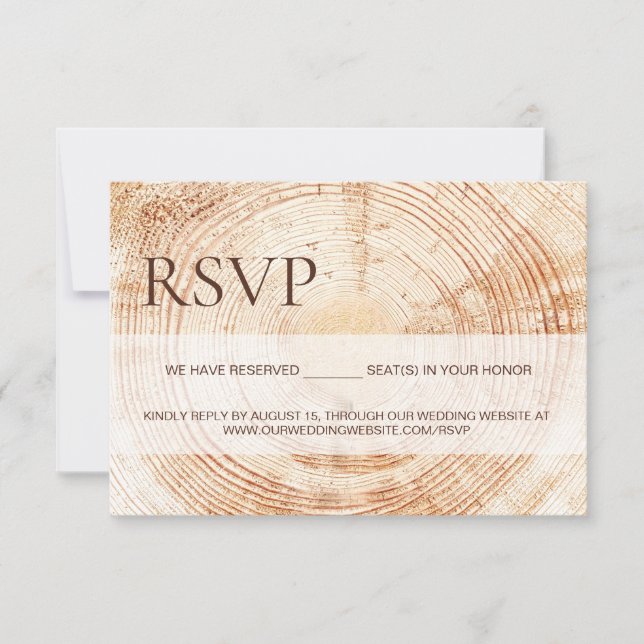 Cartão RSVP Rustic Wood Slice Tree Ring Wedding reserved seats (Frente)