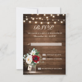 Cartão RSVP Rustic Wood String Luzes Borgonha Casamento Floral