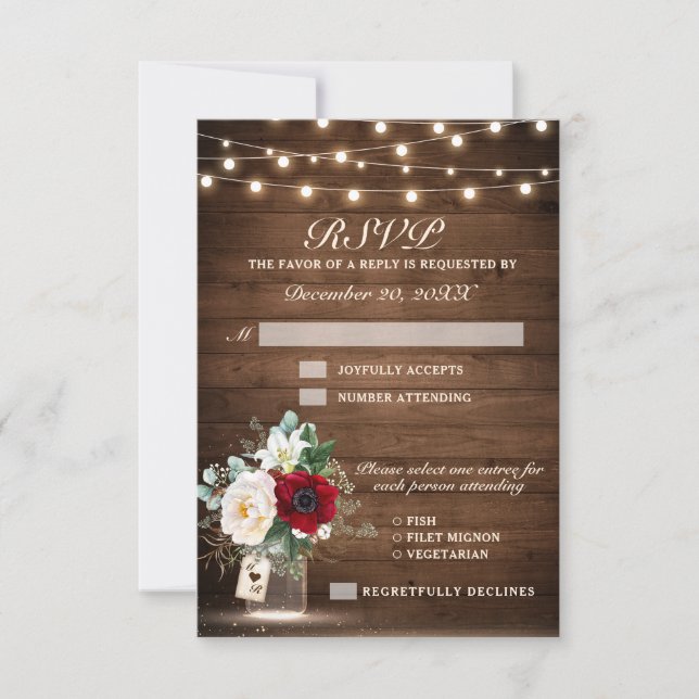 Cartão RSVP Rustic Wood String Luzes Borgonha Casamento Floral (Frente)