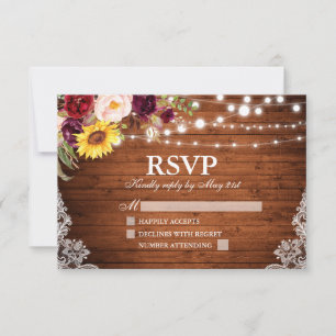 Cartão RSVP Rustic Wood String Luzes Lace Casamento Floral