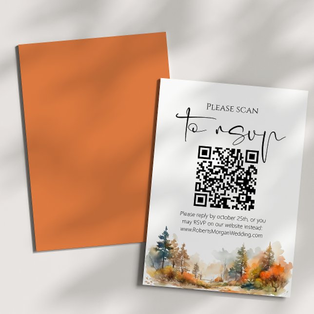 Cartão RSVP Rustic Woodland Autumn Forest Código QR Casamento (Criador carregado)