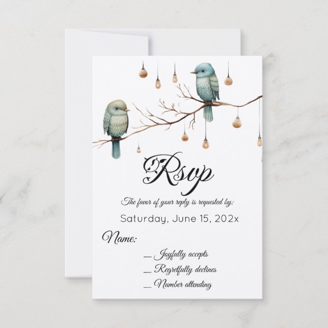 Cartão RSVP Rustic Woodland Love Birds Casamento Romântico (Frente)