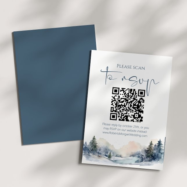 Cartão RSVP Rustic Woodland Winter Forest Código QR Casamento (Criador carregado)