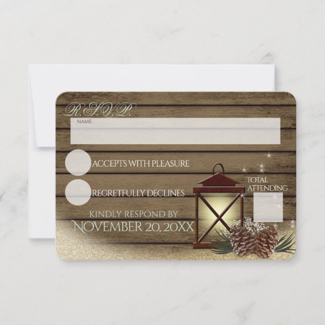 Cartão RSVP Rústica Madeira de inverno e Lanterna (Frente)