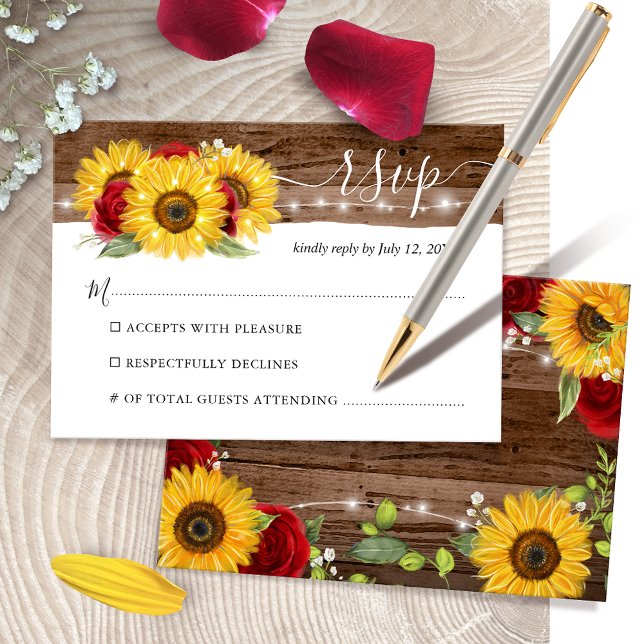 Cartão RSVP Rústica Madeira Marrom Girassol e Rosa vermelha Ca (Watercolor red rose sunflower wedding RSVP & response cards on a simple DIY template.)