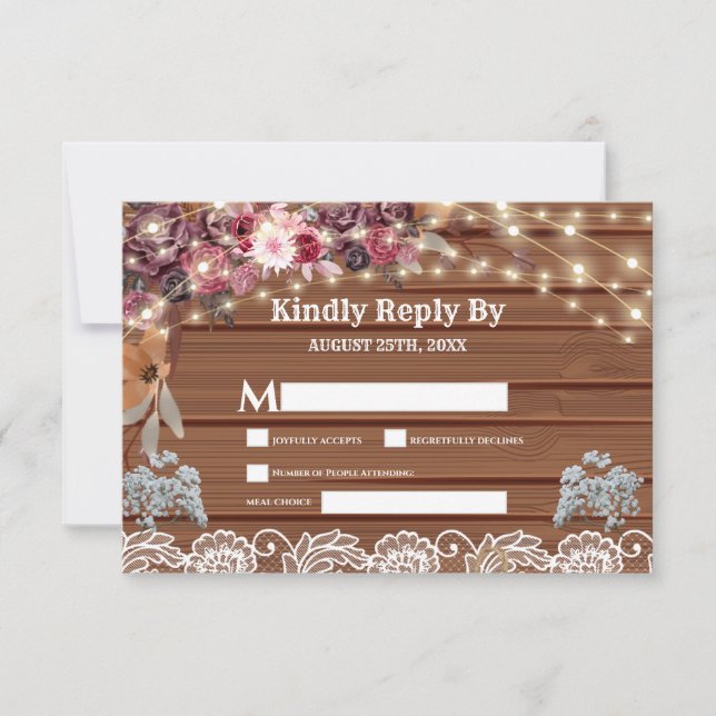 Cartão RSVP Rústica Wood Baby's Breath String Lights (Frente)
