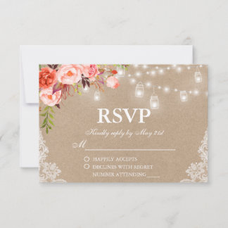 Cartão RSVP Rústico Casamento Coral Floral Luzes Jars Kraft RS