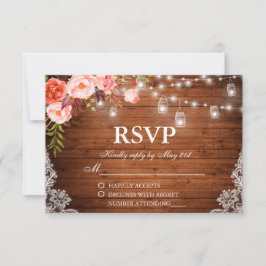 Cartão RSVP Rústico Casamento de Madeira Camada Floral Luzes F