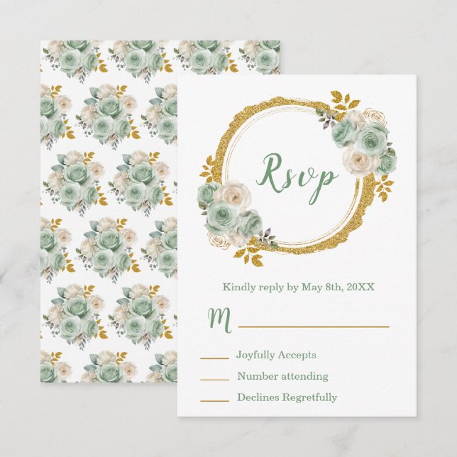 Cartão RSVP Sage Green and Gold Elegant Flowers Sweet Sixteen (Frente/Verso)