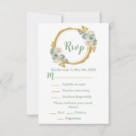 Cartão RSVP Sage Green and Gold Elegant Flowers Sweet Sixteen