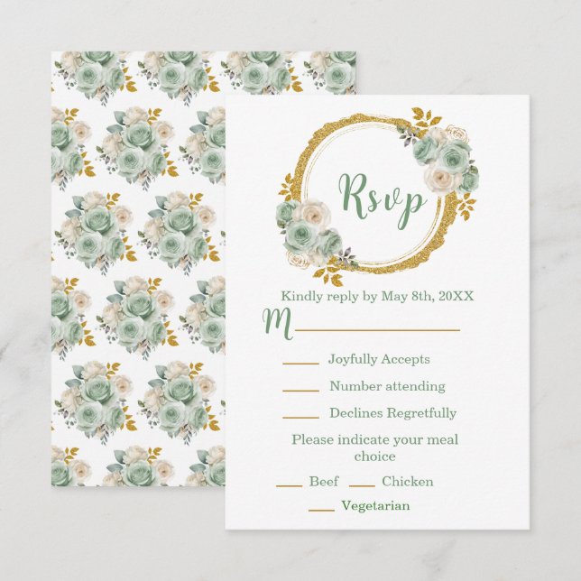 Cartão RSVP Sage Green and Gold Elegant Flowers Sweet Sixteen (Frente/Verso)