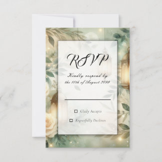 Cartão RSVP Sage Green and Ivory Rose Lantern Wedding