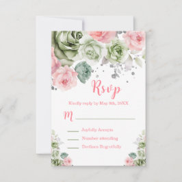 Cartão RSVP Sage Green and Pink Floral Sweet Sixteen