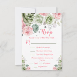 Cartão RSVP Sage Green and Pink Floral Sweet Sixteen