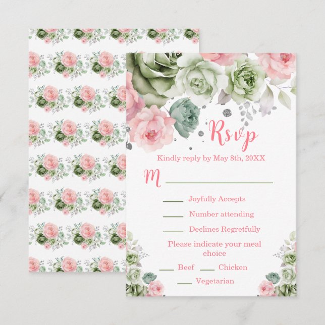 Cartão RSVP Sage Green and Pink Floral Sweet Sixteen (Frente/Verso)