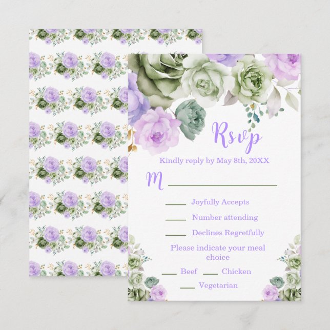 Cartão RSVP Sage Green and Purple Floral Sweet Sixteen  (Frente/Verso)