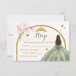 Cartão RSVP Sage Green Blush Rosa Princesa Rosa Quinceañera