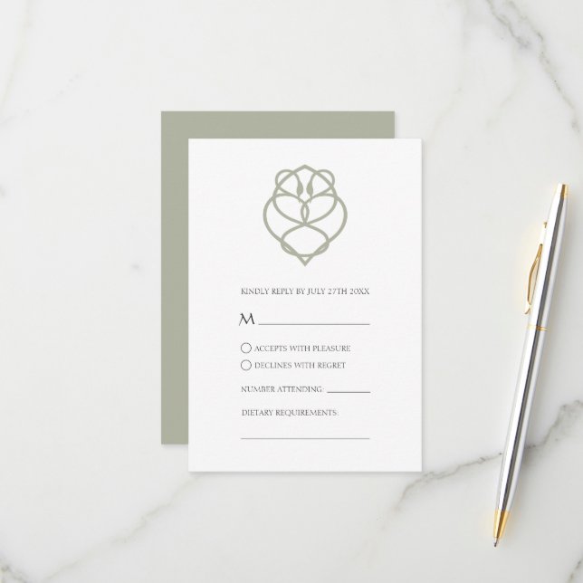 Cartão RSVP Sage Green Celtic Irish Swan Love Knot Weds (Frente/Verso In Situ)