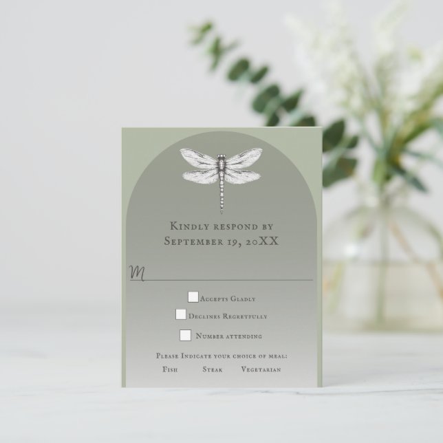 Cartão RSVP Sage Green Dragonfly Wedding (Em pé/Frente)