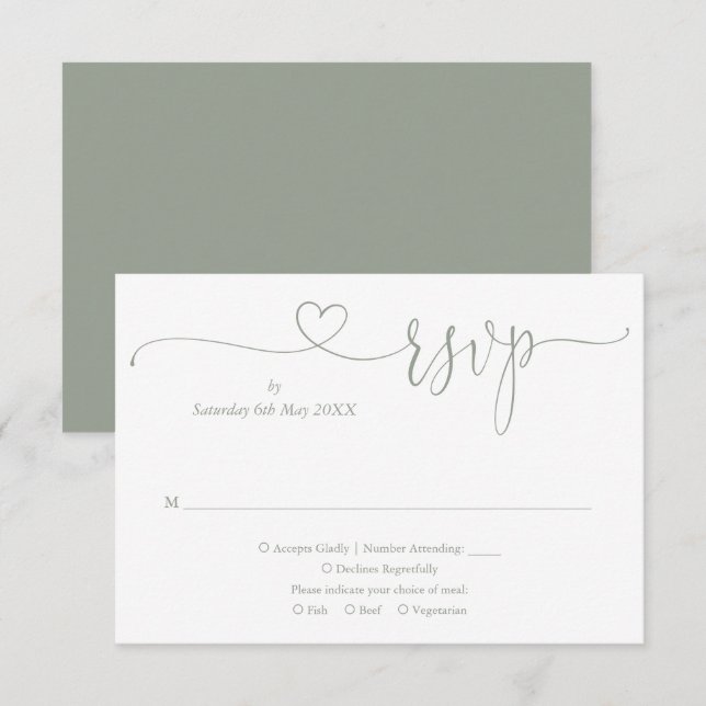 Cartão RSVP Sage Green Elegant Heart Script (Frente/Verso)
