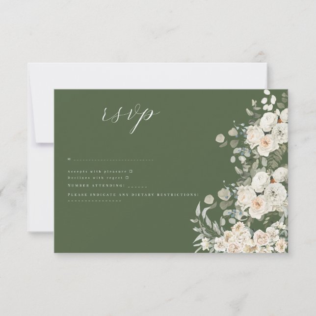 Cartão RSVP Sage Green-Elegant White Floral Boi (Frente)