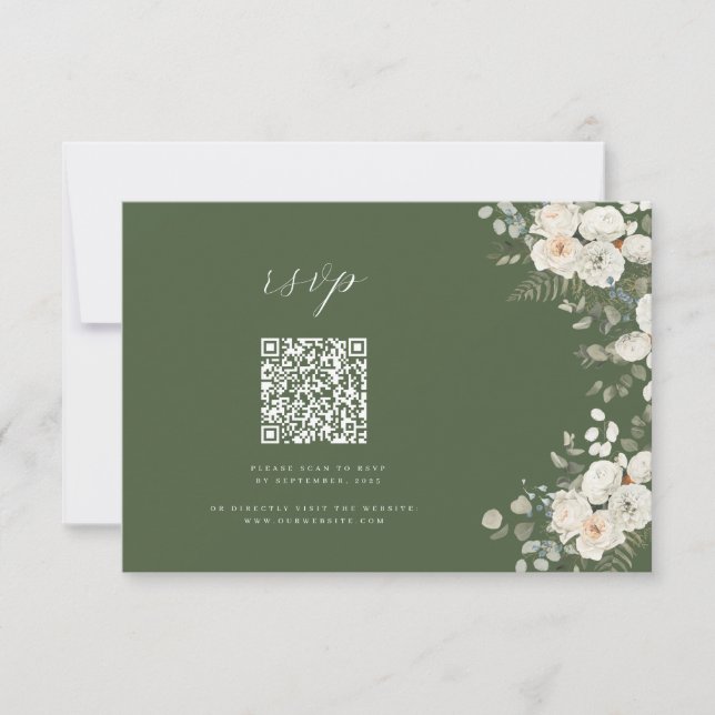 Cartão RSVP Sage Green-Elegante Casamento Botânico Floral QR (Frente)