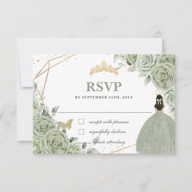 Cartão RSVP Sage Green Floral Dourada Quinceañera Princess Gow (Frente)