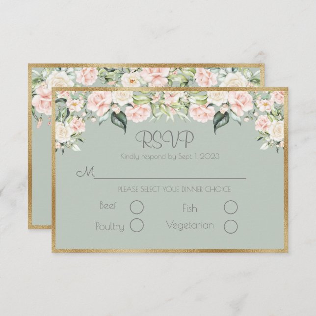 Cartão RSVP Sage Green Floral Elegante Cascentrais (Frente/Verso)