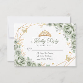 Cartão RSVP Sage Green Gold Floral Quinceanera Reply