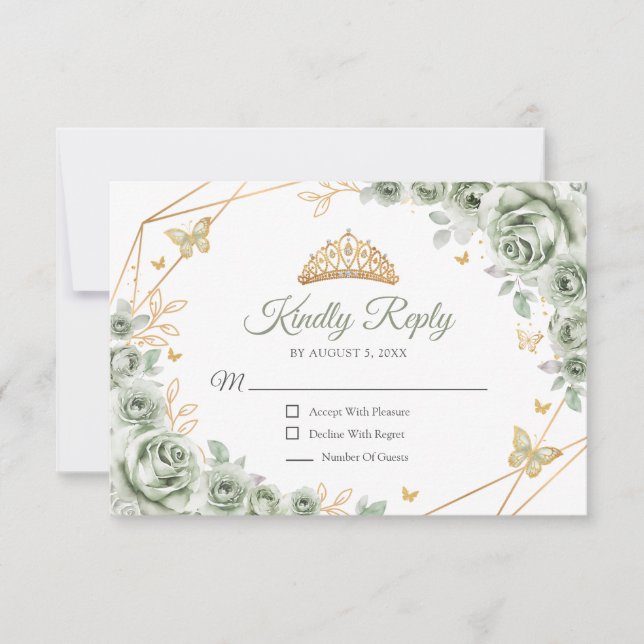 Cartão RSVP Sage Green Gold Floral Quinceanera Reply (Frente)