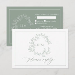 Cartão RSVP Sage Green Leafy Crest Monograma Casamento