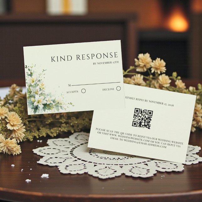 Cartão RSVP Sage Green Lily Valley Floral QR Code Wedding (Sage Green Lily Valley Floral QR Code Wedding RSVP Card)